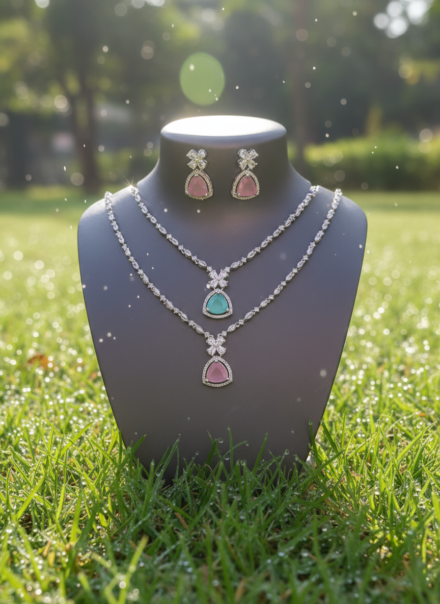 Elegant Dual-Stone Necklace & Earring Set – Pink & Green Crystal Fashion Jewelry - Image 3