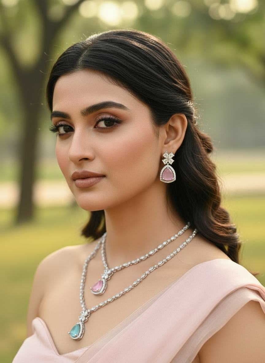 Elegant Dual-Stone Necklace & Earring Set – Pink & Green Crystal Fashion Jewelry - Image 2