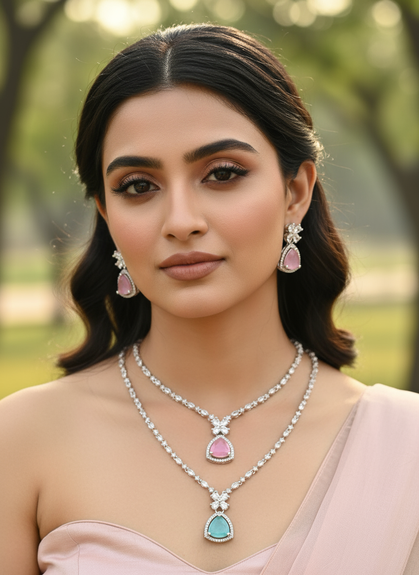 Elegant Dual-Stone Necklace & Earring Set – Pink & Green Crystal Fashion Jewelry